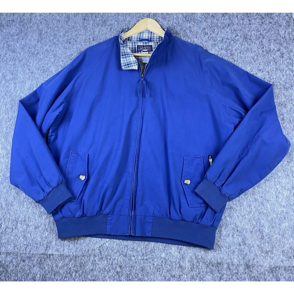 Vtg US Open Men's Harrington Jacket Golf Collection Blue Plaid Lined Zip Up Sz L